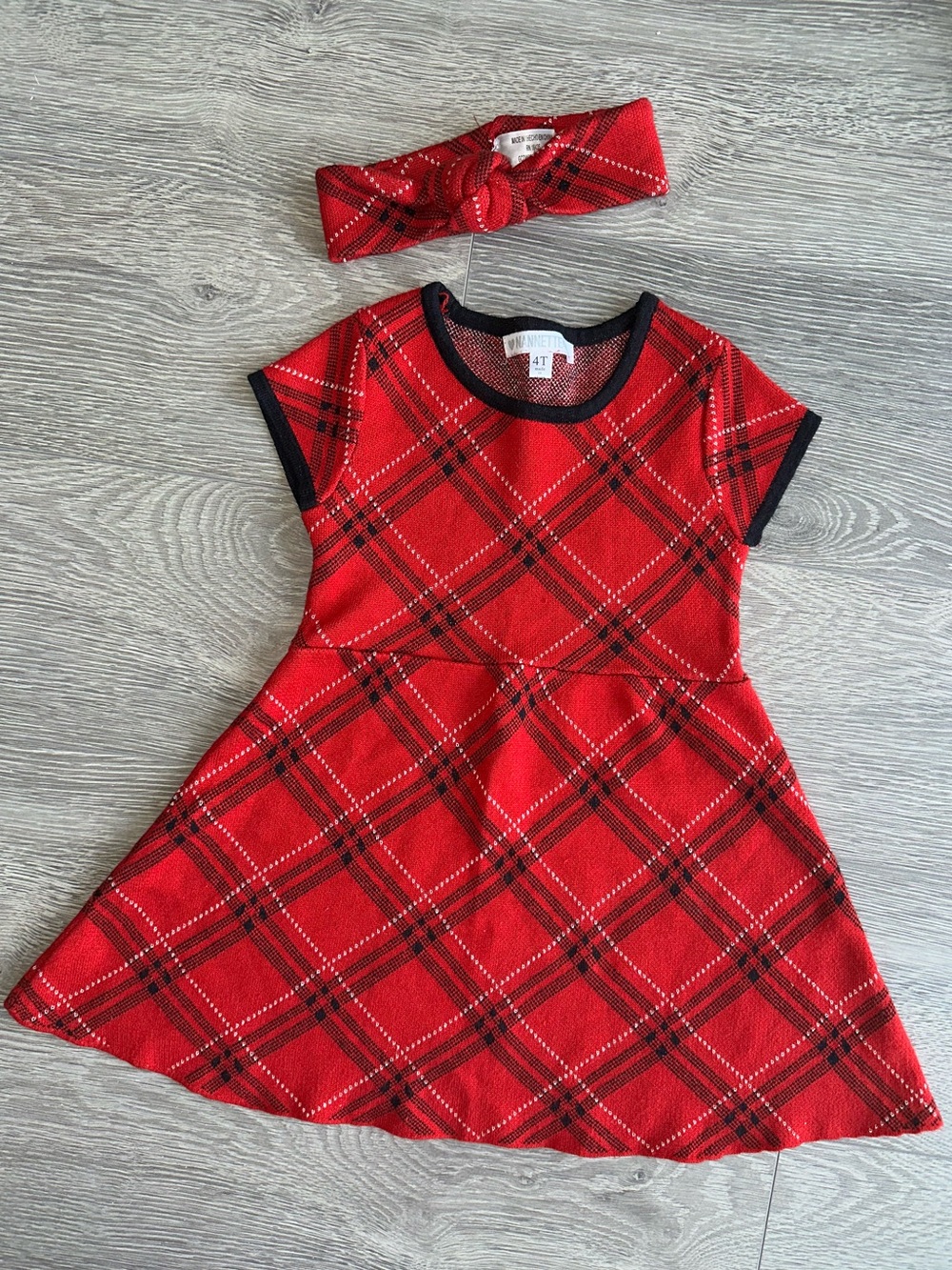 Nannette Girls Holiday Dress headband wrap 4T red black white plaid